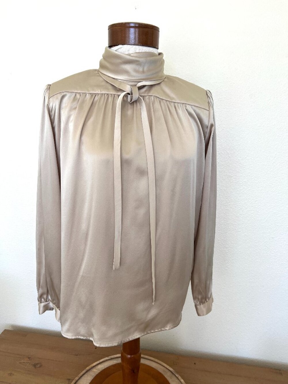 80's Vogue Alley - Silk Champagne Satin Blouse – Elegant Tie Neck – Size 8